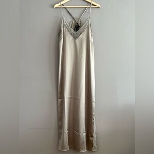 House of Harlow 1960 Lace Trim Cami Slip Dress Slit Satin Taupe Large